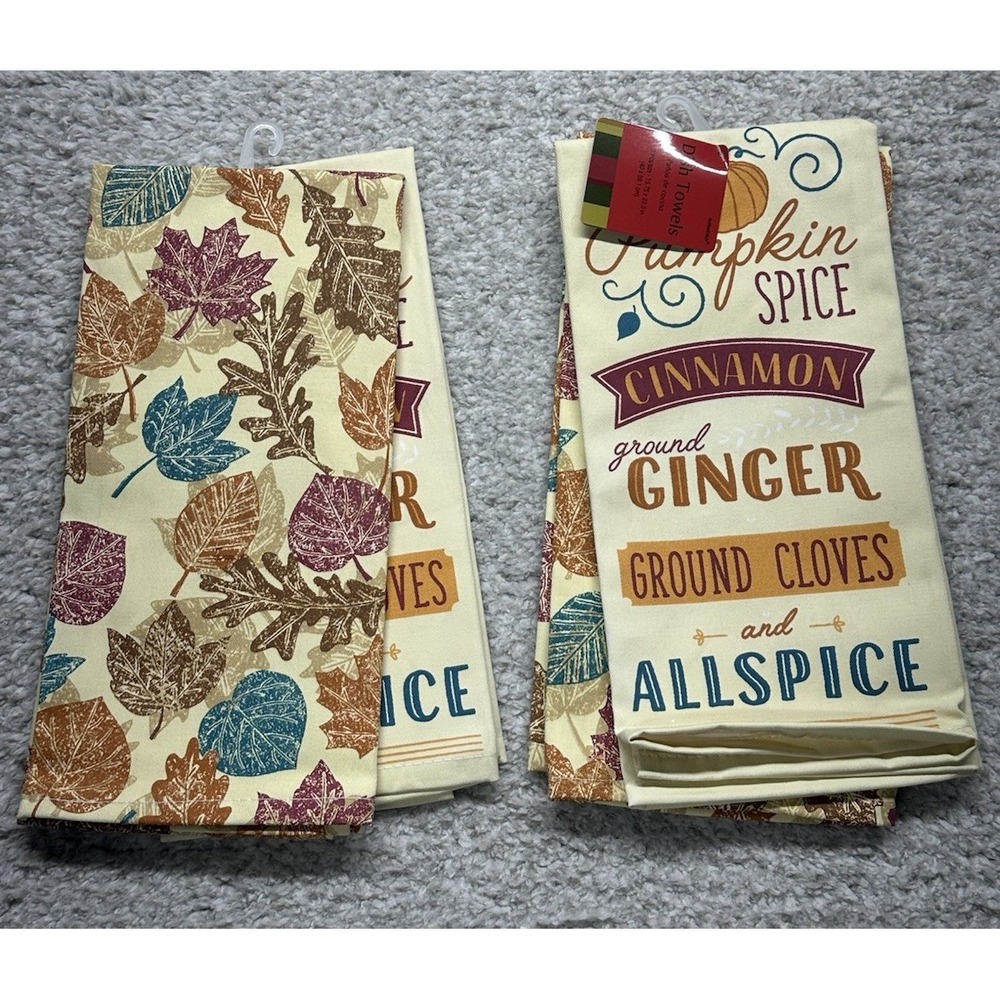 Set of 4 Fall Autumn Dish Towels by Amscan 15.75" x 23.3" NWT Leaves Pumpkins
